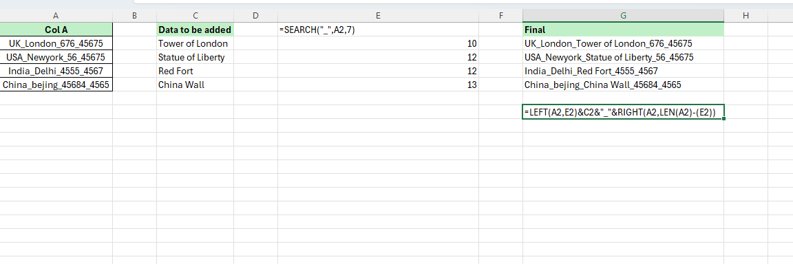 Insert text or character between any line in a cell in excel