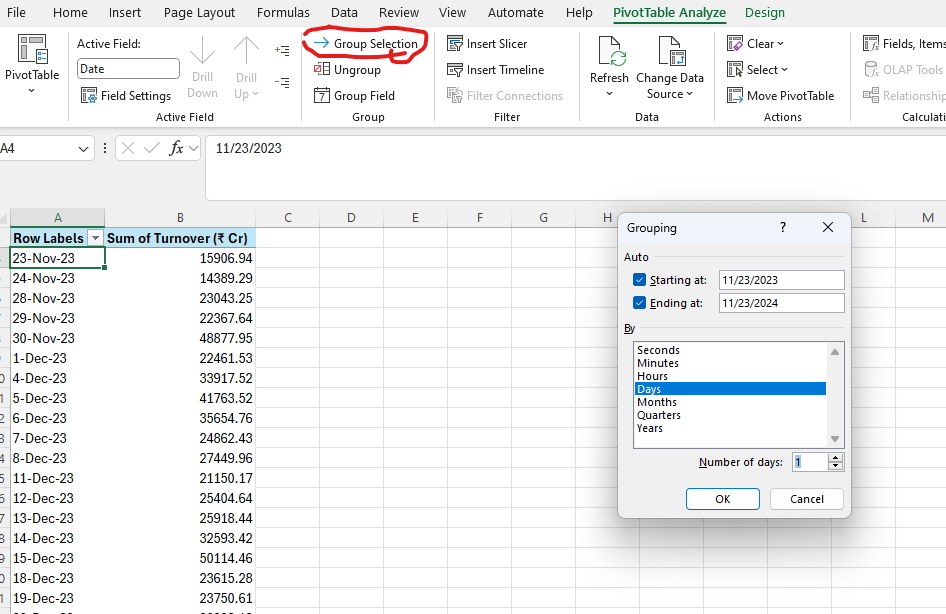 How to Group dates in Pivot table in Excel or how to use group selection feature in excel