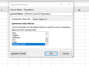 Value field settings for distinct count