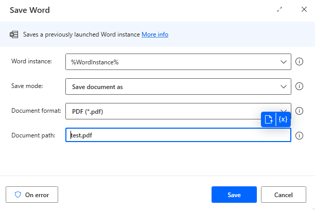 Last step in flow of Power automate convert image to PDF Save Word action in Power automate