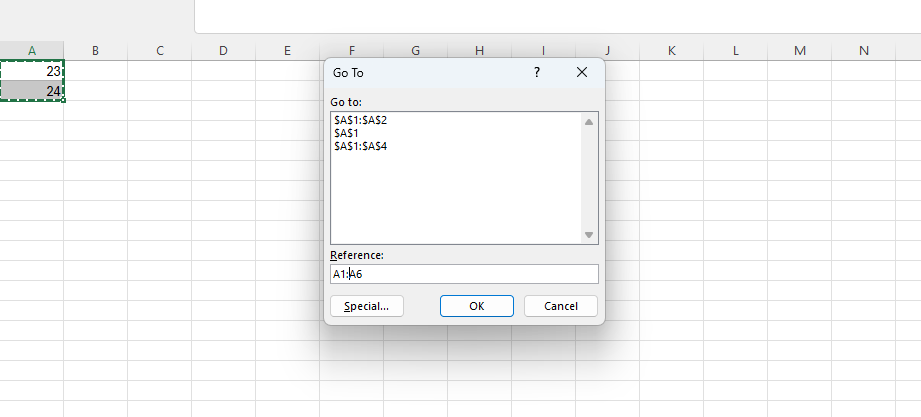 use of control+G shortcut keys in excel to copy and paste data many times