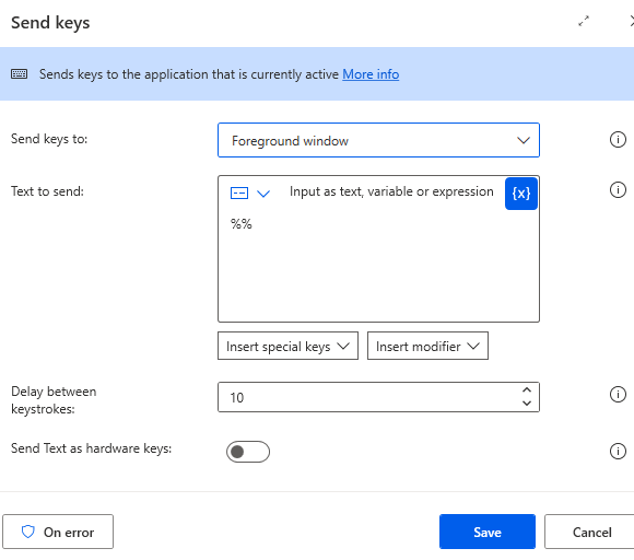 How to write percentage(%) using send keys in power automate