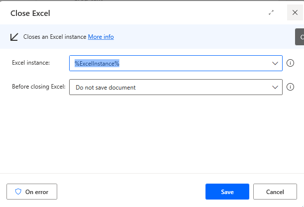 close excel action in excel in power automate