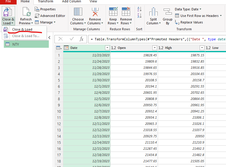 close and load in power query