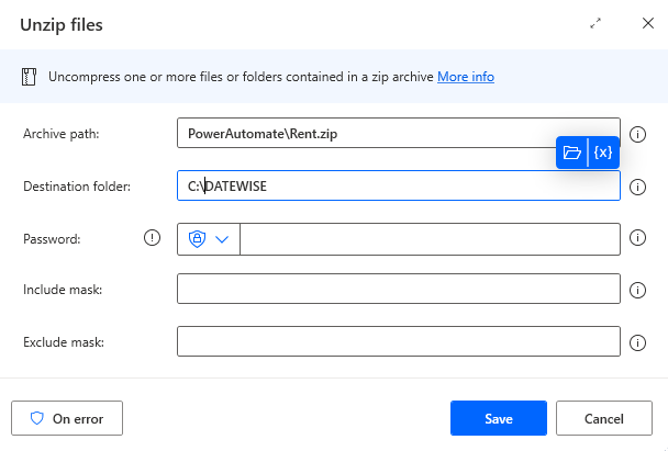 Unzip files action in power automate