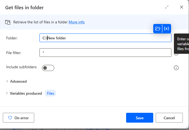 Get files in folder action in power automate