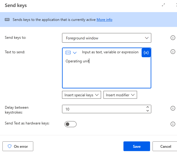 use of send keys action in Raise PR in Oracle with Power automate flow